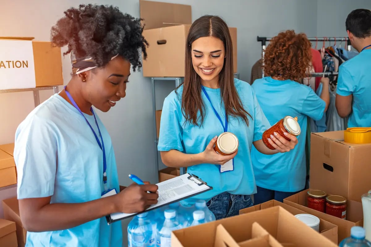 Volunteers taking inventory at a food pantry