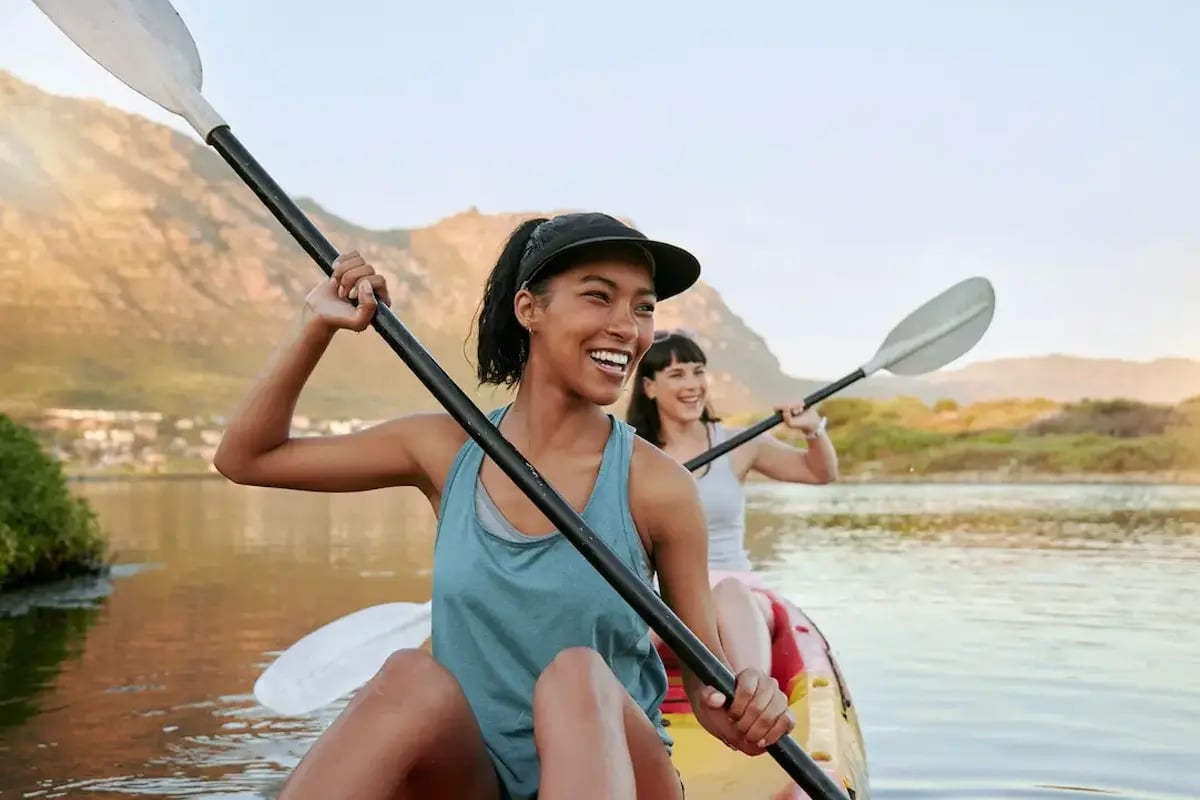 Radiation therapists on a travel assignment enjoying their day off kayaking