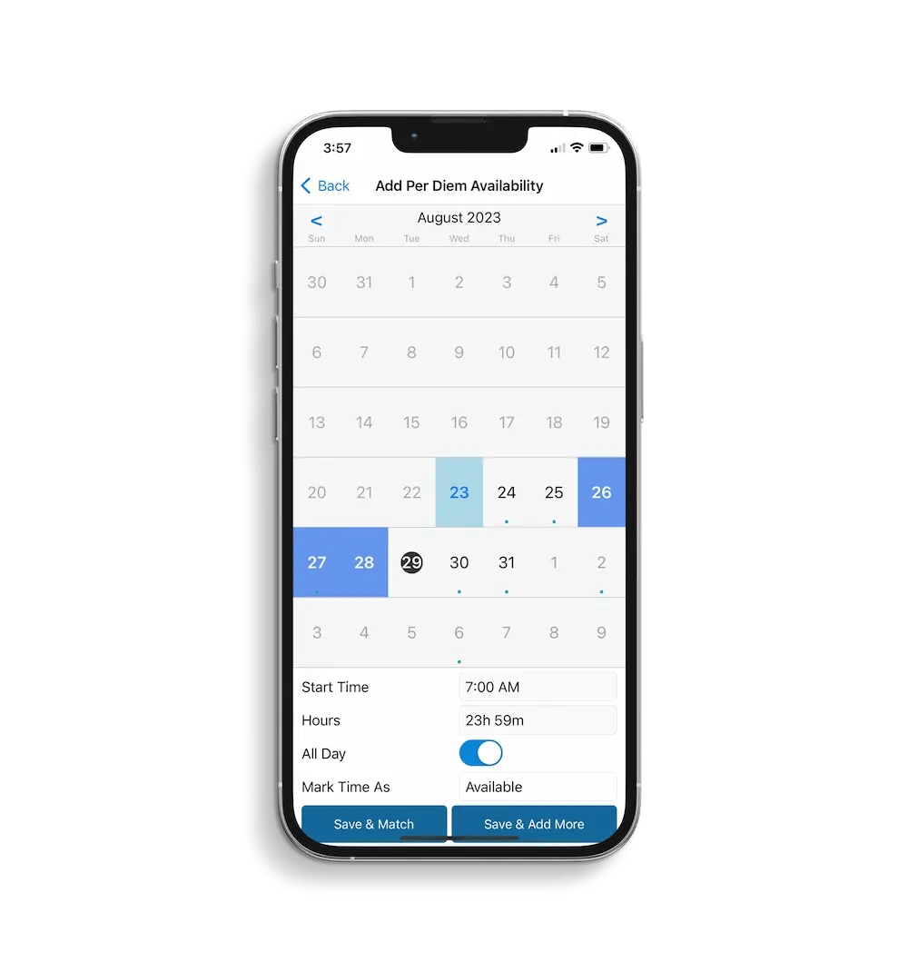 Per diem calendar view of Mobilize, Powered by Favorite Healthcare Staffing, the new Favorite Staffing mobile app