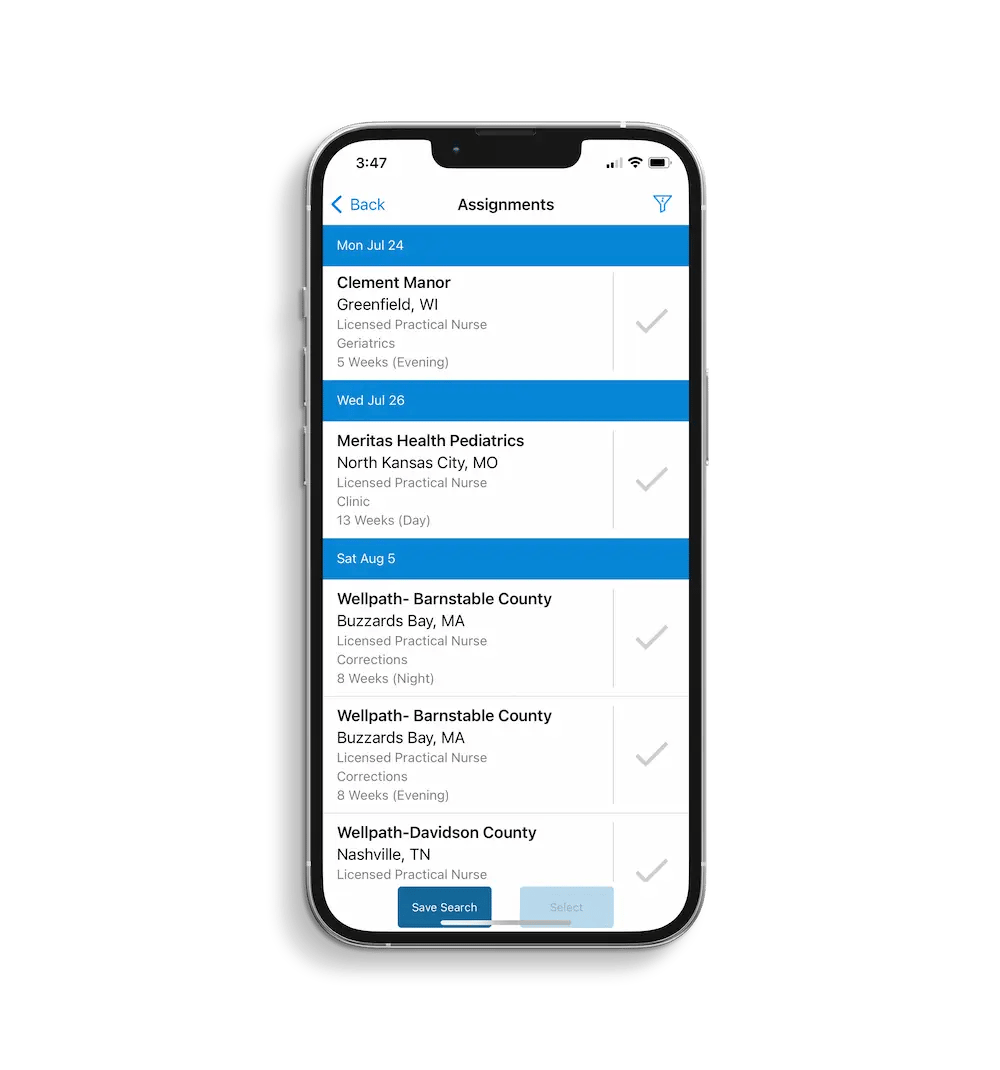Job Search view of Mobilize, Powered by Favorite Healthcare Staffing, the new Favorite Staffing mobile app