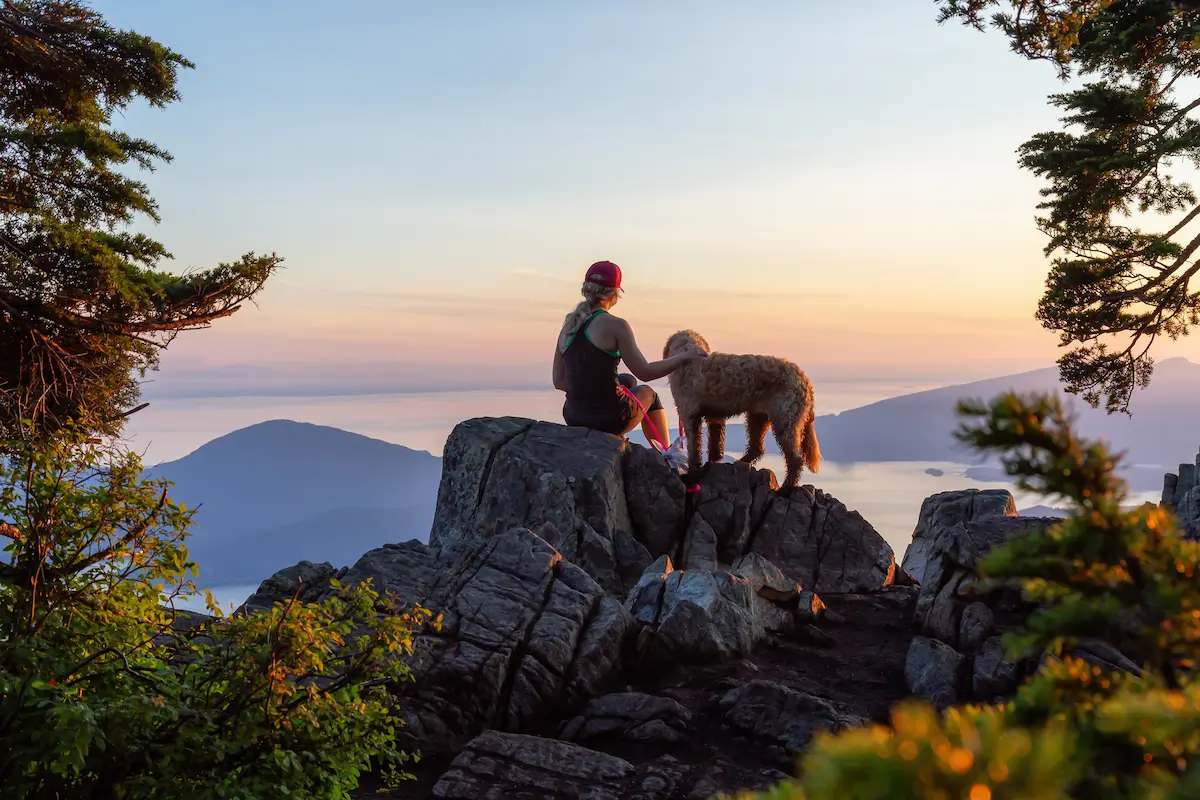 Off duty travel nurse sitting on a rock with her dog looking at the sunset