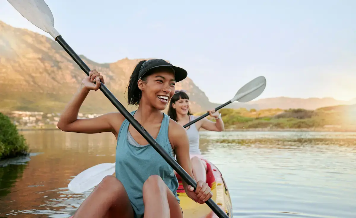 Radiation therapists on a travel assignment enjoying their day off kayaking