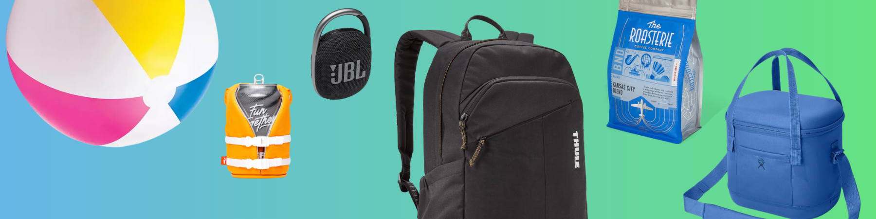 Giveaway items - from left to right: a beach ball, an orange can koozie that looks like an orange life jacket, a clip-on JBL speaker, a THULE backpack, a bag of coffee beans from the Roasterie, and a blue Hydroflask lunch bag